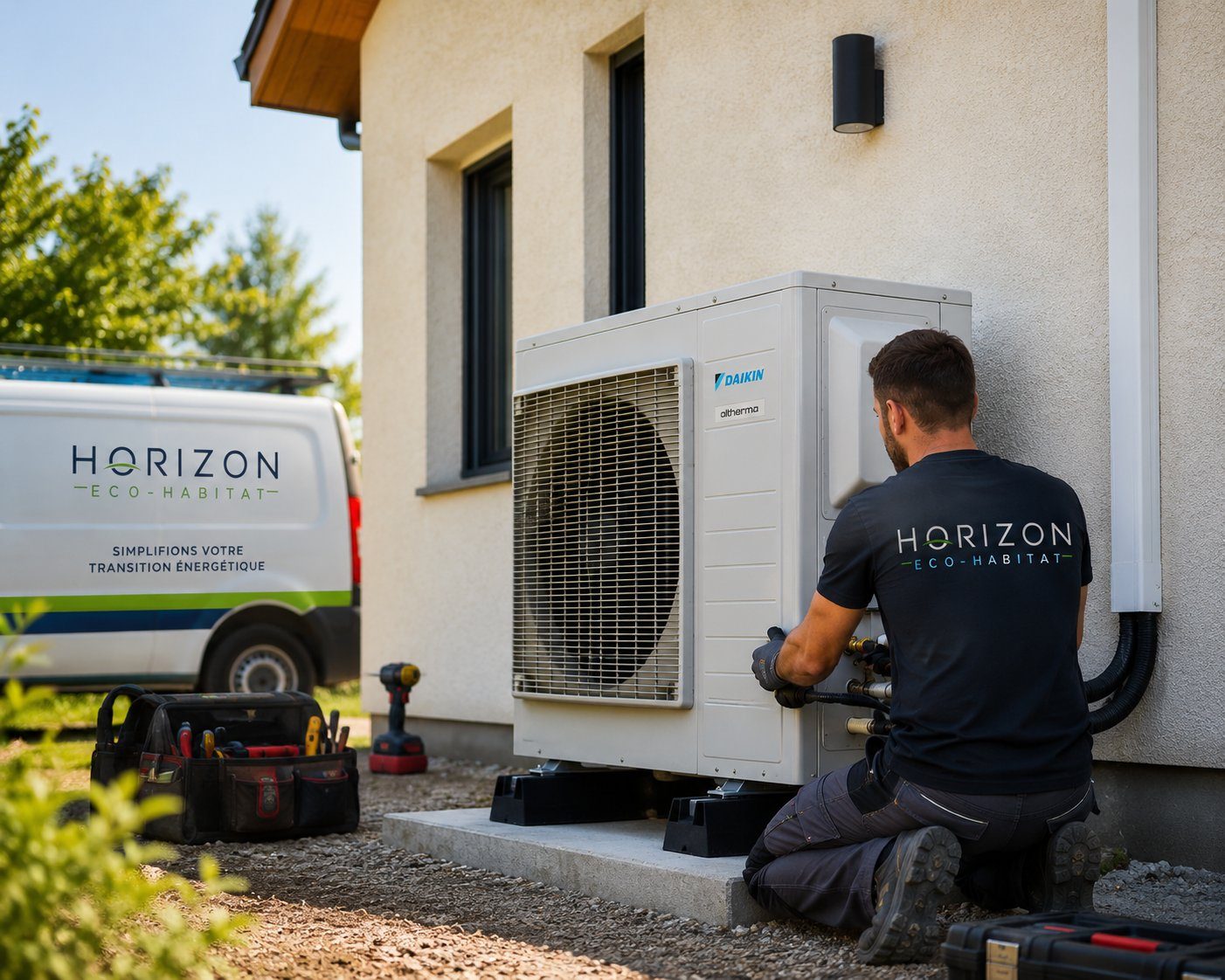 Technicien Horizon Eco-Habitat installant une pompe à chaleur